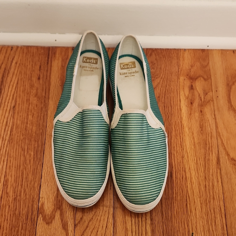 Keds for Kate Spade Green and White Striped Slip-On Sneakers